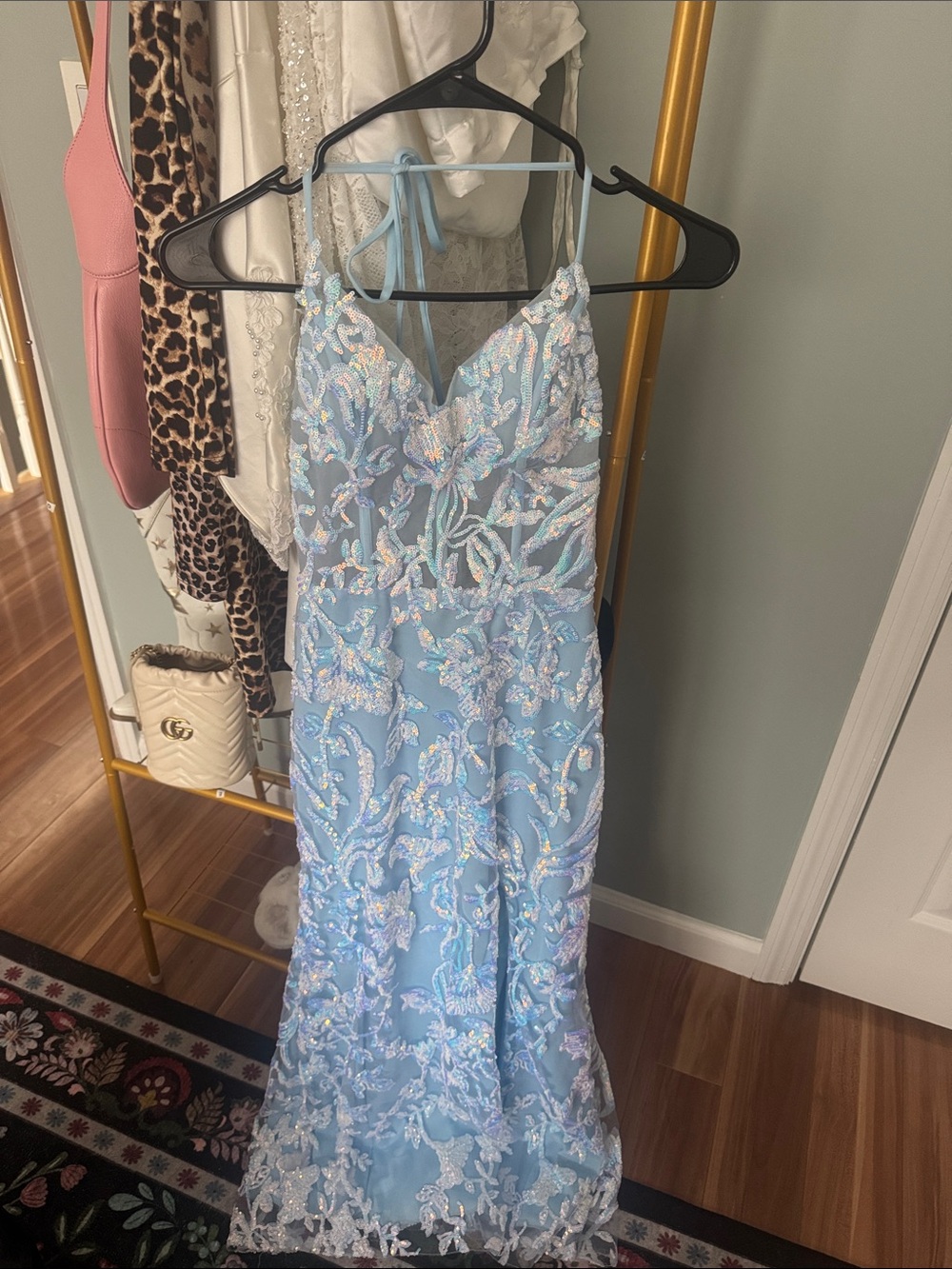 Iridescent Sequin Floral Light Blue Halter Dress